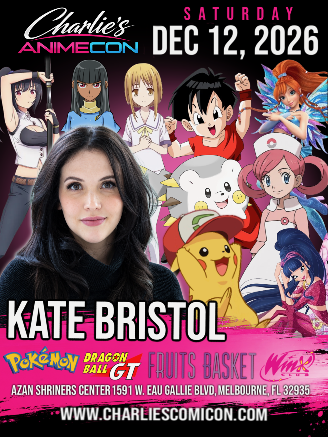 Kate Bristol official guest flyer for Charlie’s Anime Con, December 12, 2026